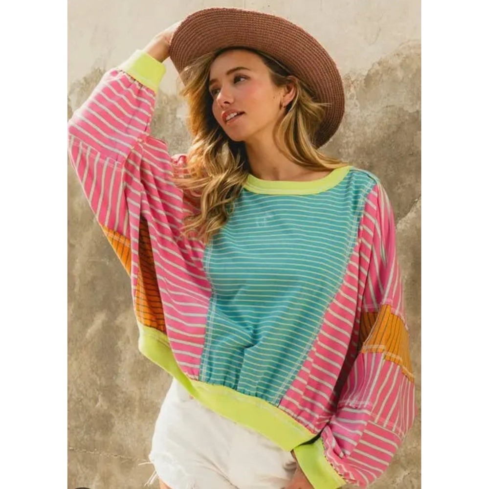 BiBi Striped Patchwork Pullover Sweatshirt Neon Green Pink Teal Oversized Small - Picture 1 of 8